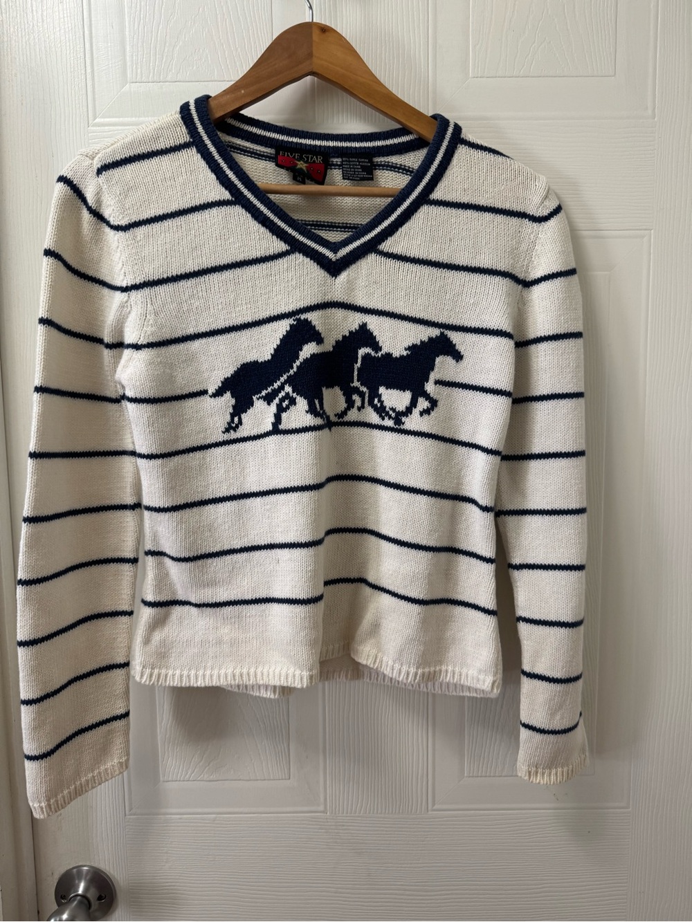 Five Star Navy & Cream Striped V-Neck Sweater with Horse Motif